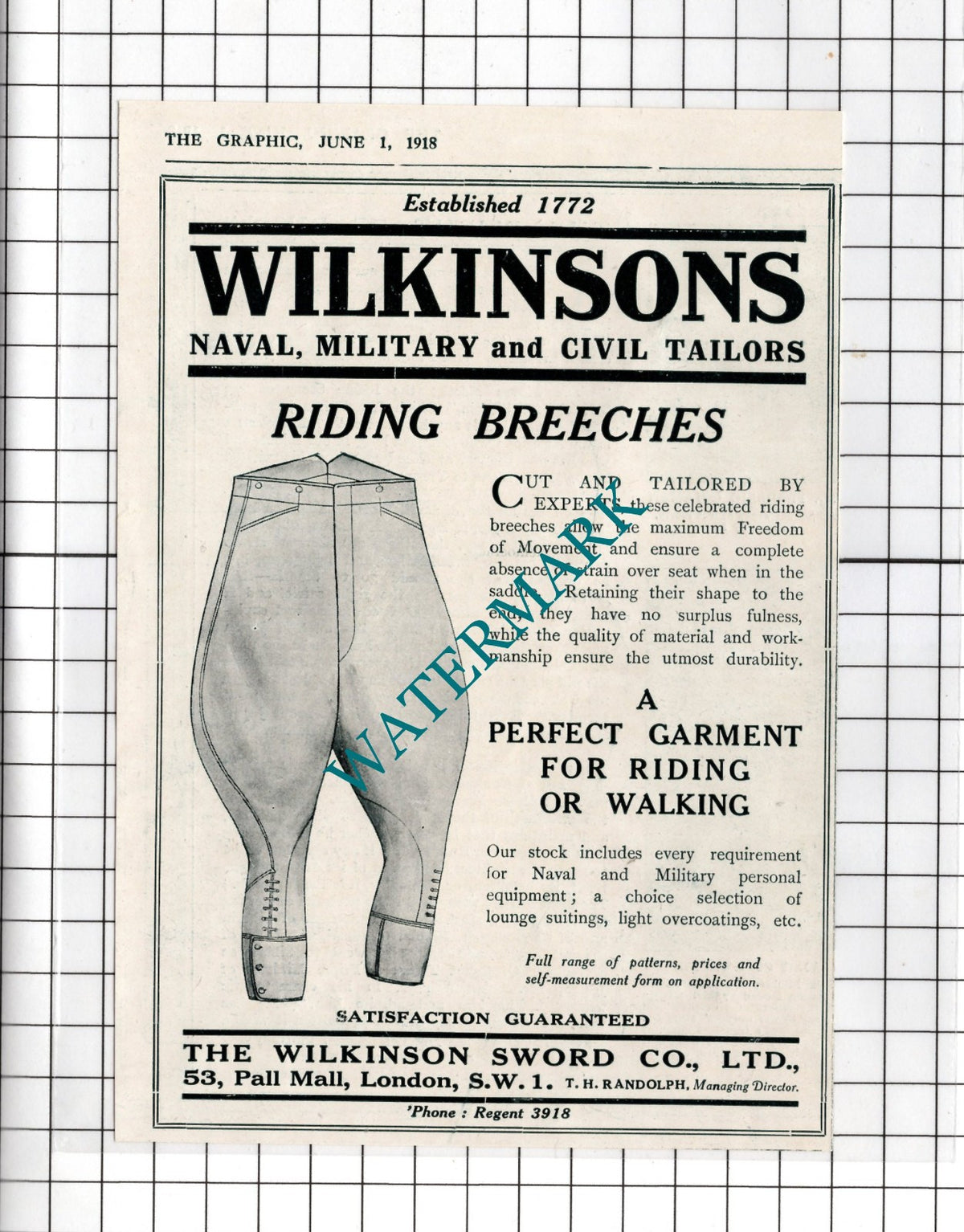 The Wilkinson Sword Co Ltd  London Riding Breeches WW1 - 1918 Small Advert