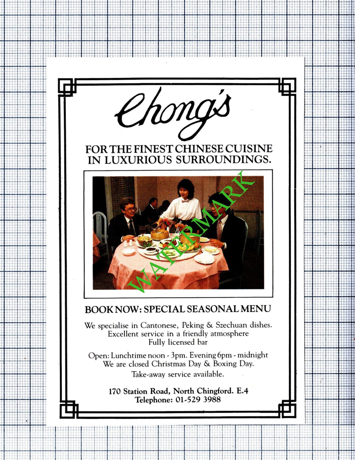 Chong's Chinese North Chingford Essex Small Advert  - 1988 Cutting