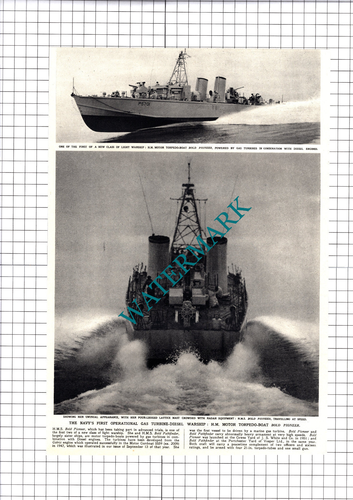 HM Motor Torpedo Boat BOLD PIONEER Gas Turbine-Diesel Ship - 1953 Cutting/ Print