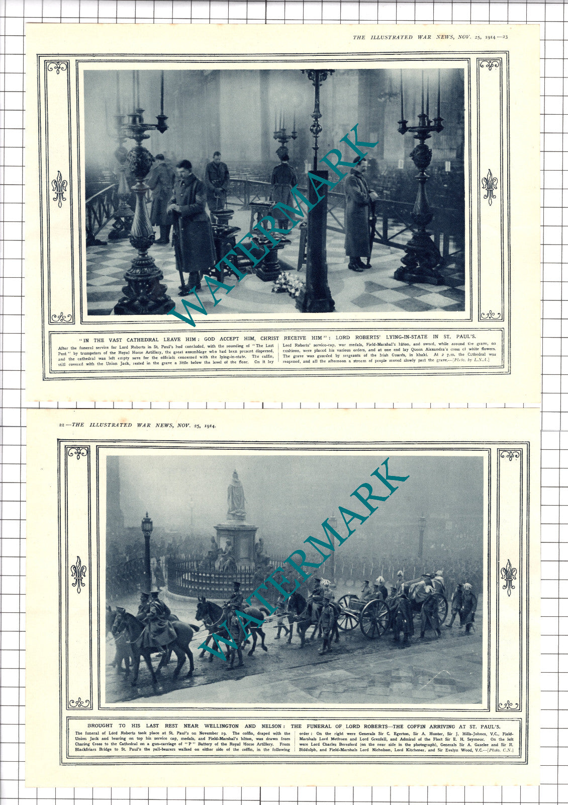 Lord Roberts Funeral St Paul's Cathedral London  - 1914 2-Part Clipping / Print