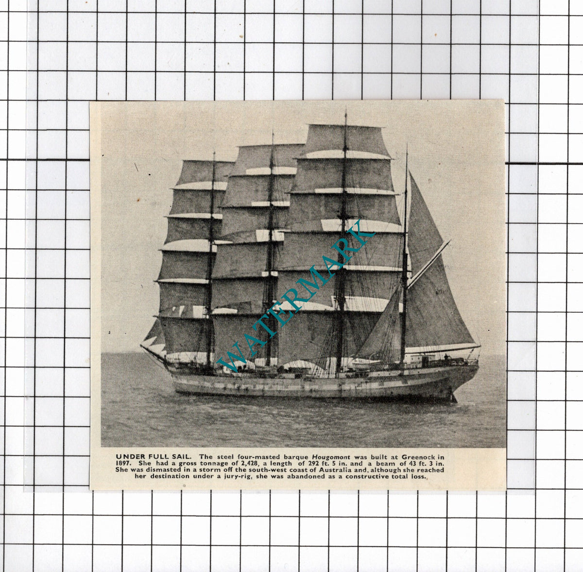 HOUGOMONT Barque Ship   - c.1940's Small Clipping