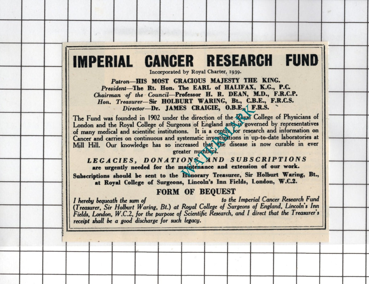 Imperial Cancer Research Fund Advert Sir Holburt Waring - 1951 Small Cutting