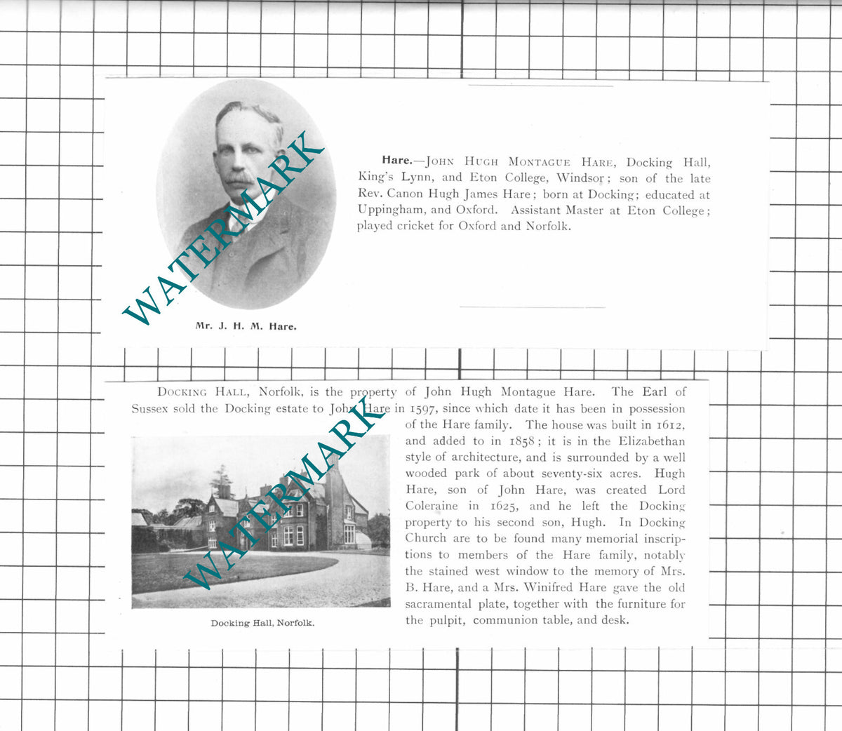 Mr John Hugh Montague Hare Docking Hall Norfolk - 1911 2-Part Clipping