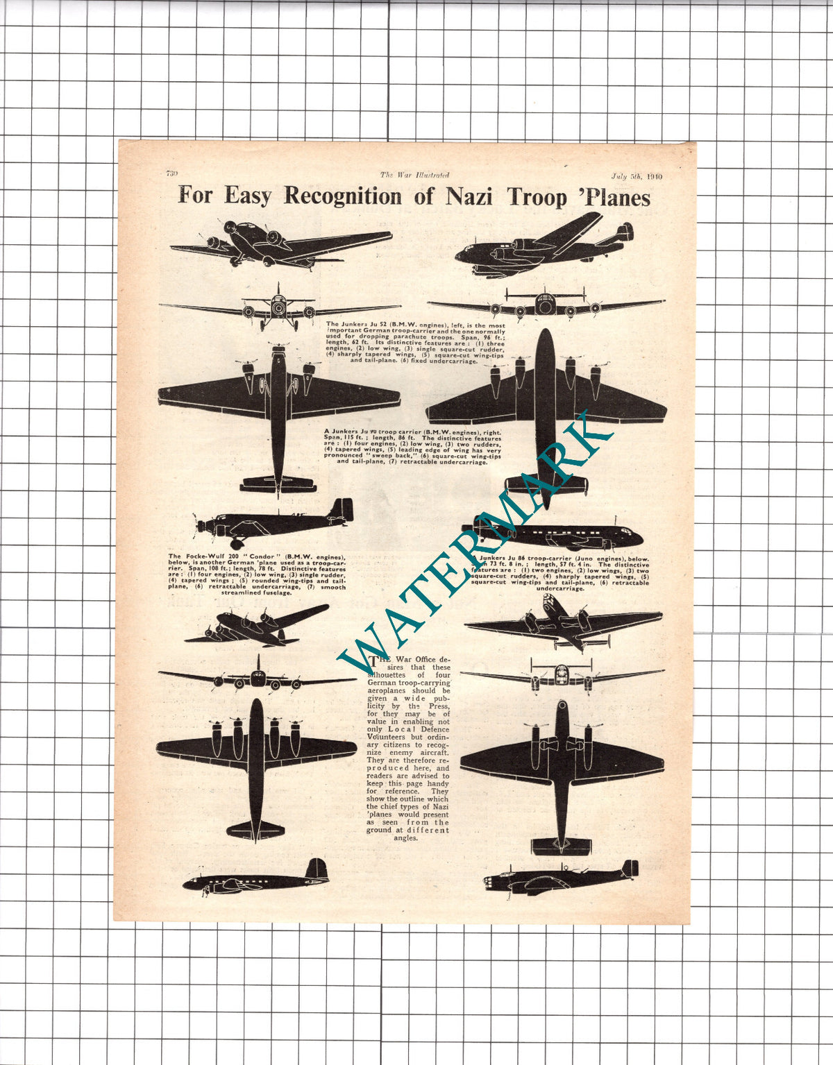 German Aeroplanes Junkers World War Two WW2 - 1940 Clipping / Print