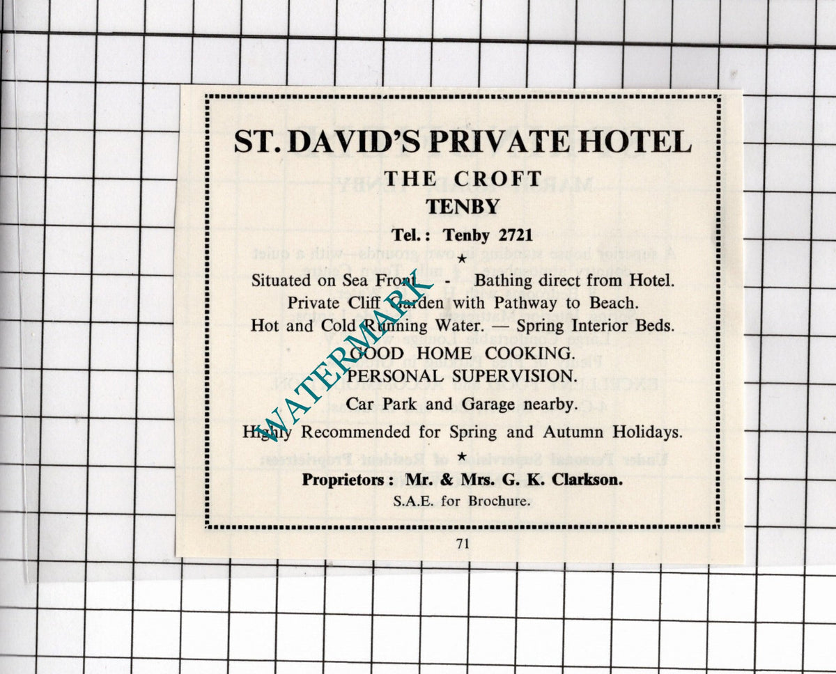 Springfield Guest House Tenby Bowling / St David's Hotel Tenby - 1962 Advert