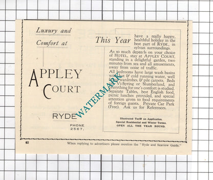 Elgin House Hotel Ryde Isle Of Wight Walls / Appley Court Ryde - 1938 Advert