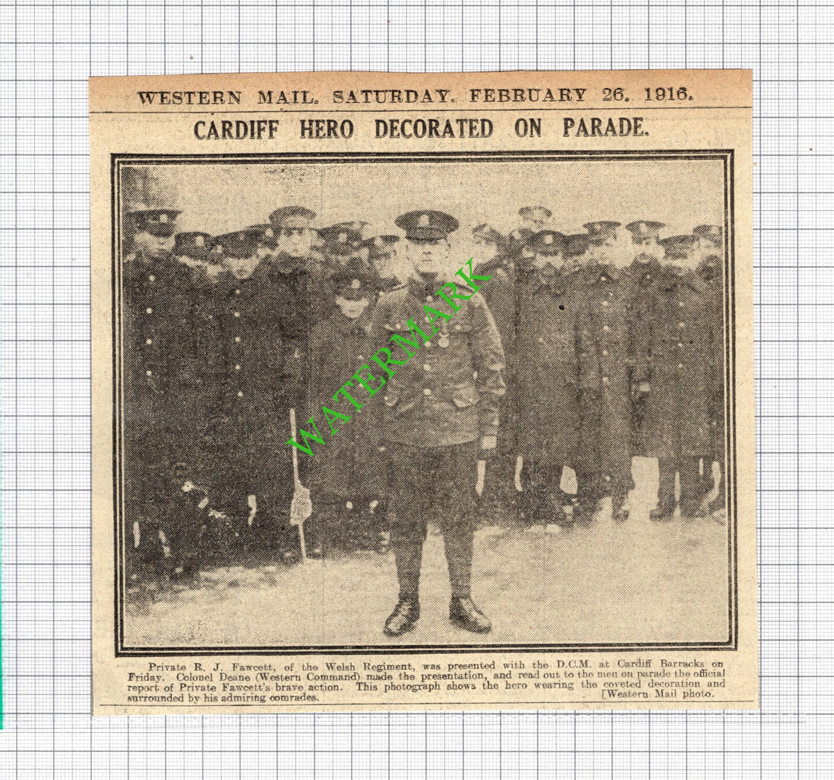 Private R J Fawcett Welsh Regiment Cardiff Barracks WW1   -  1916 News Cutting