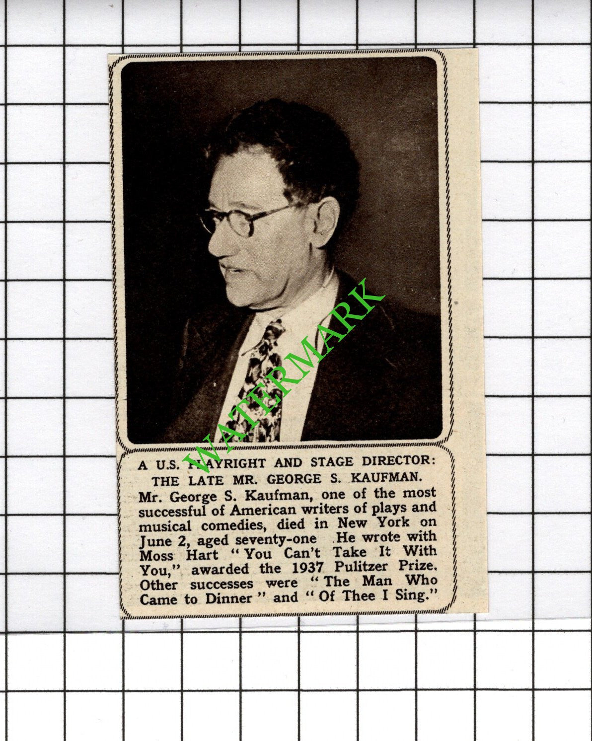 Mr George S Kaufman Obituary  - 1961 SMALL Cutting