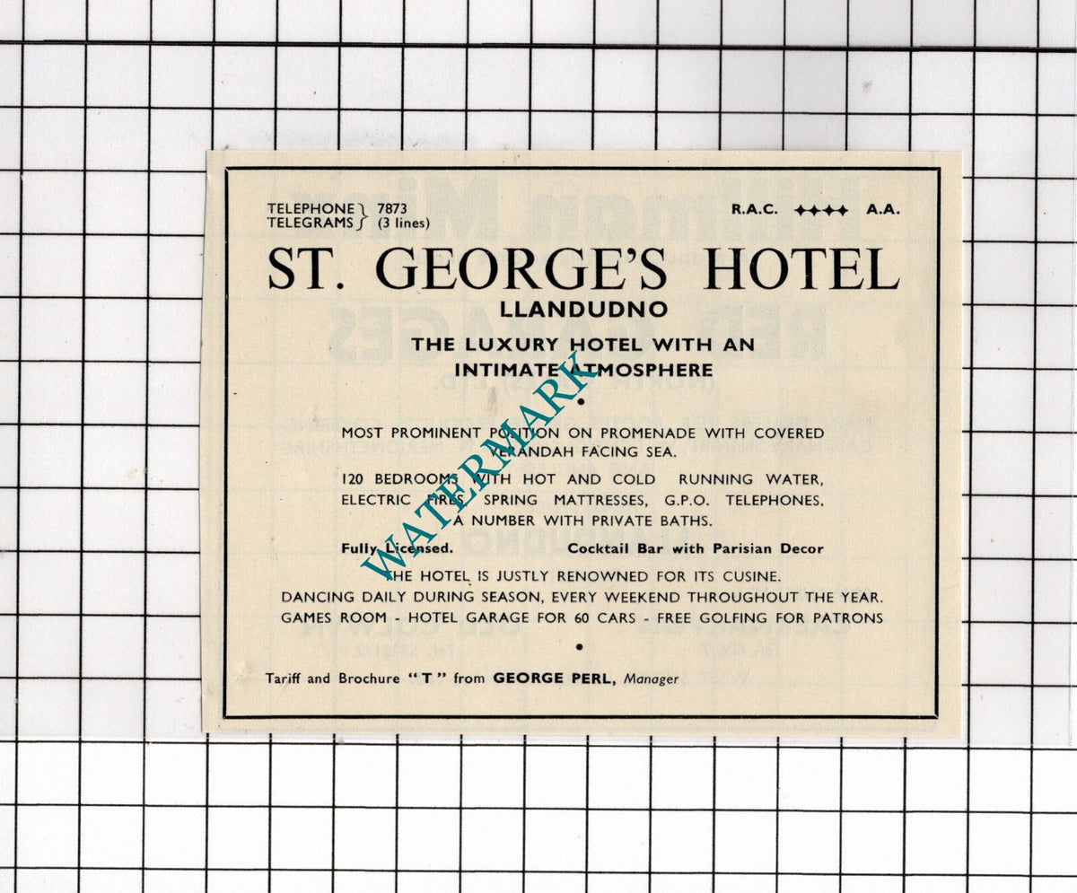 St George's Hotel Llandudno Wales George Perl Small Advert  - 1953 Clipping