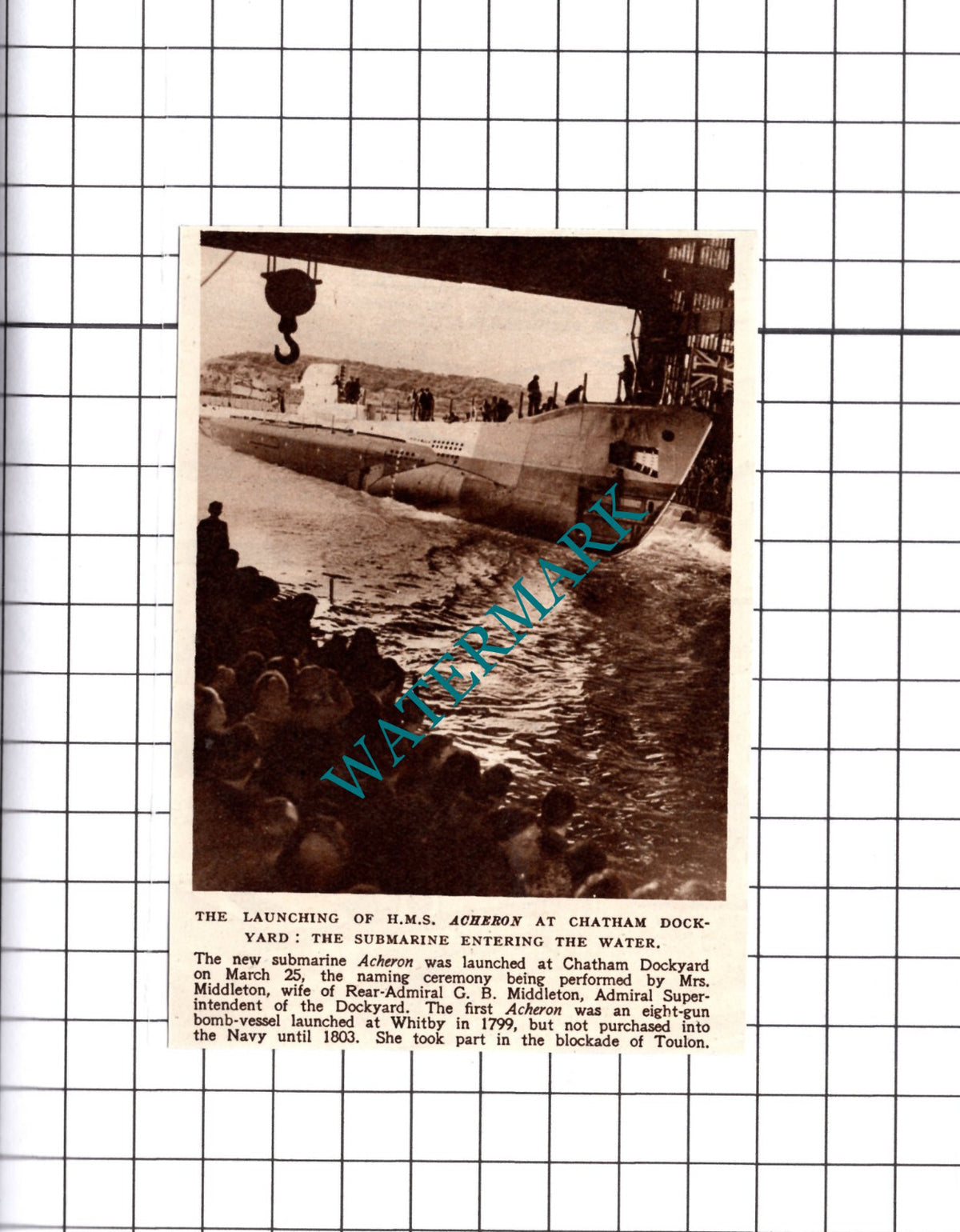 HMS ACHERON Submarine Launch Chatham Dockyard   - 1947 Small Cutting