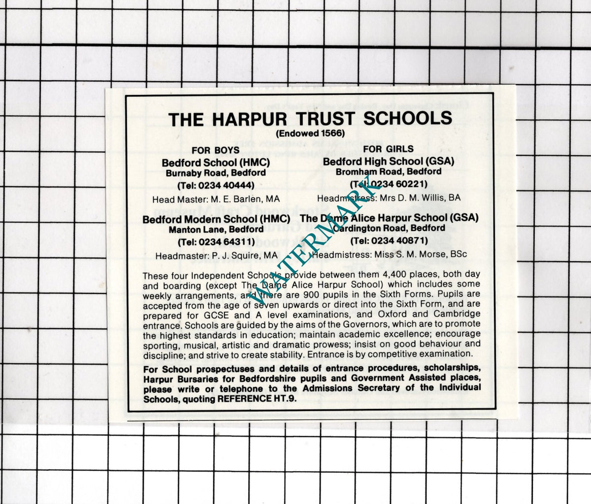 The Harpur Trust Schools Bedford School Bedfordshire - 1989 Small Advert