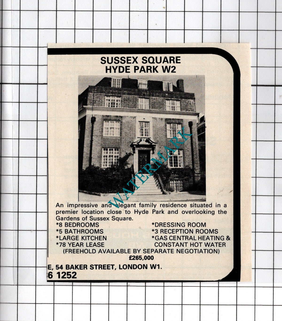Sussex Square Hyde Park London W2 House Sale Advert - 1980 Cutting
