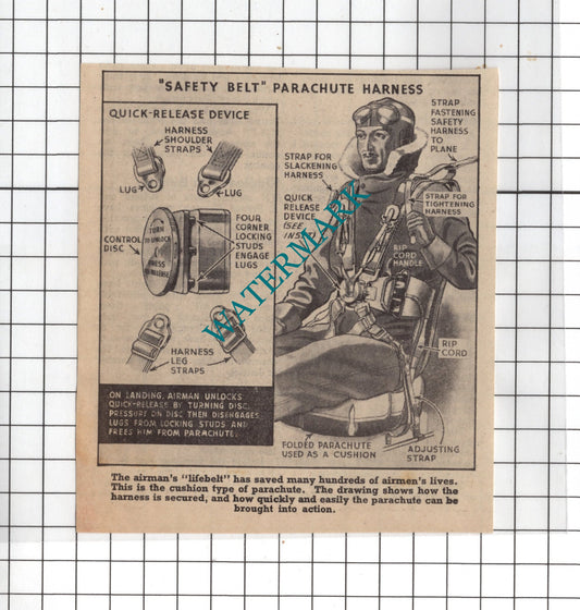 Airman Airmen's Parachute Harness World War Two WW2 DIAGRAM - c.1940 Clipping