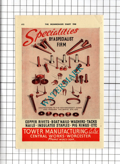 Tower Manufacturing Co Ltd Worcester / J Heale & Sons Ltd London - 1948 Advert