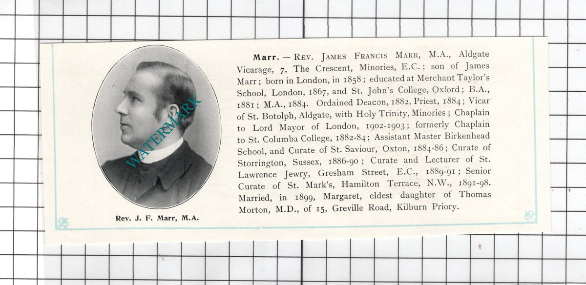 Rev James Francis Marr Aldgate Vicarage 7 The Crescent Minories - c.1910 Cutting