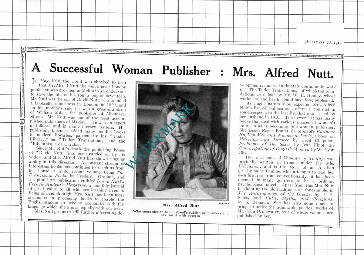 Mrs Alfred Nutt Publisher David Nutt - 1914 News Clipping