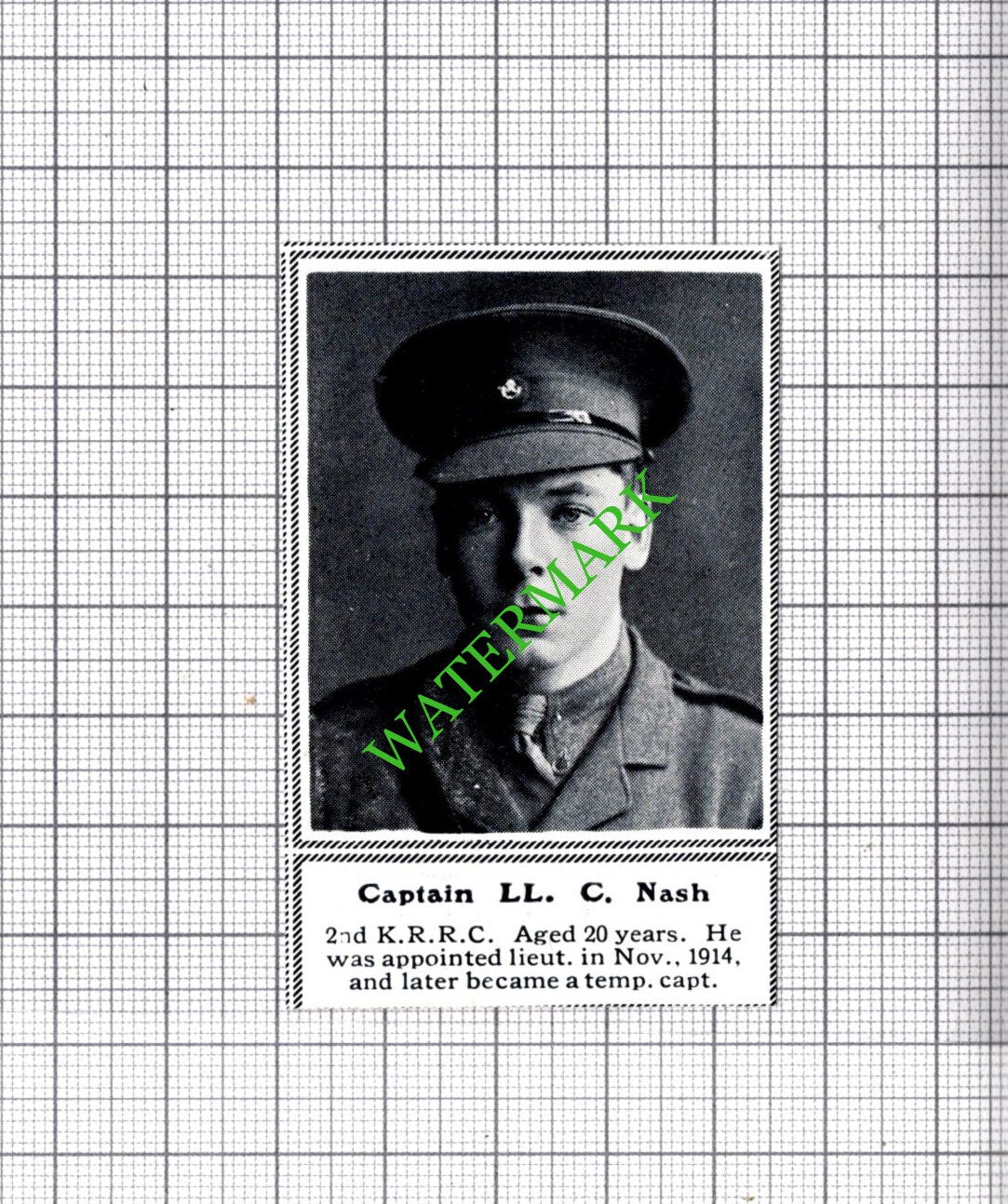 Captain LL C Nash 2nd KRRC - c.1918 SMALL Cutting