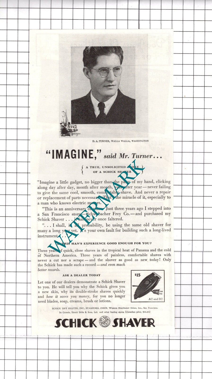 D A Turner Walla Walla Washington Schick Shaver Advert -  1937 Clipping / Print