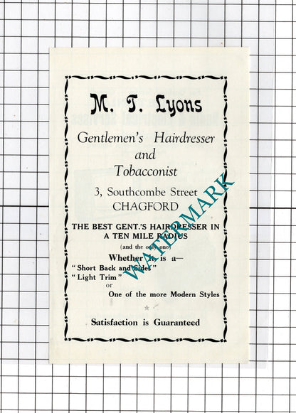 Moretonia Radio Moretonhampstead / MJ Lyons Hairdresser Chagford -c.1940s Advert