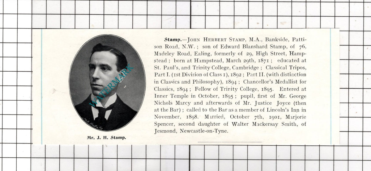 Mr John Herbert Stamp Bankside Pattinson Road London Hampstead - c.1905 Clipping