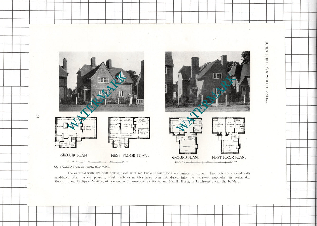 Walton-on-the-Hill Surrey  / Gidea Park Romford Cottages - 1911 Cutting / Print