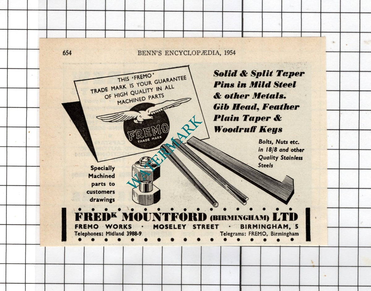 Frederick Mountford Birmingham Ltd Fremo Works Birmingham - 1954 Small Advert