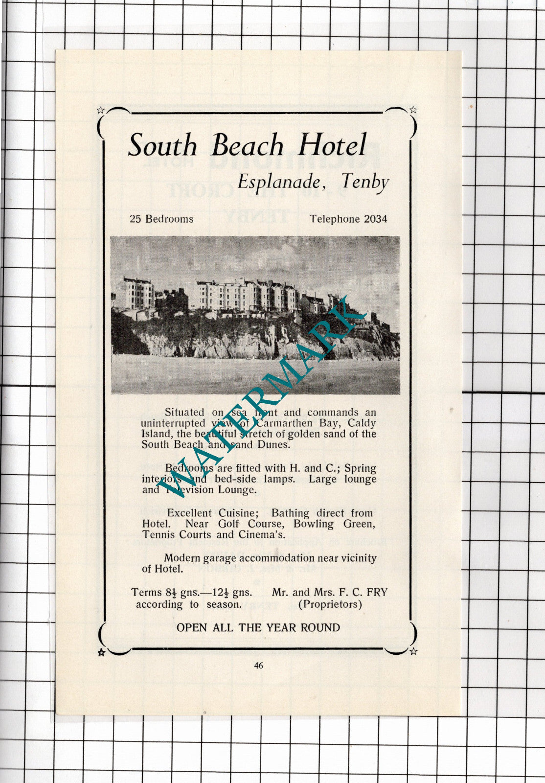 South Beach Hotel Tenby Wales Fry / Richmond Hotel Tenby Gibbon - 1962 ADVERT