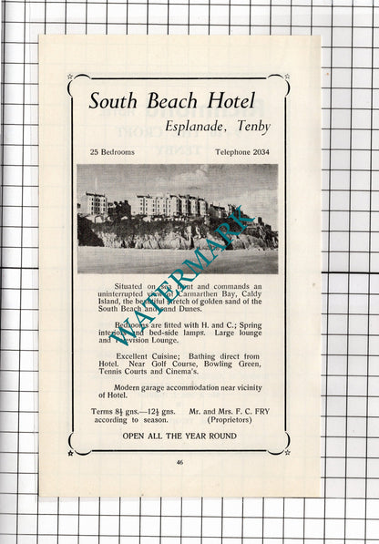 South Beach Hotel Tenby Wales Fry / Richmond Hotel Tenby Gibbon - 1962 ADVERT