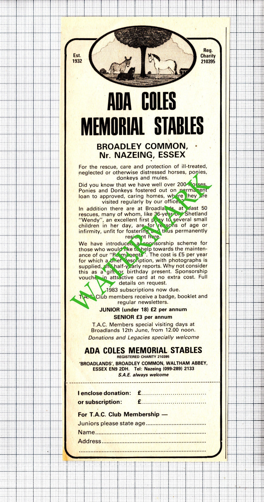 Ada Coles Memorial Stables Broadley Common Essex Appeal Advert - 1983 Cutting