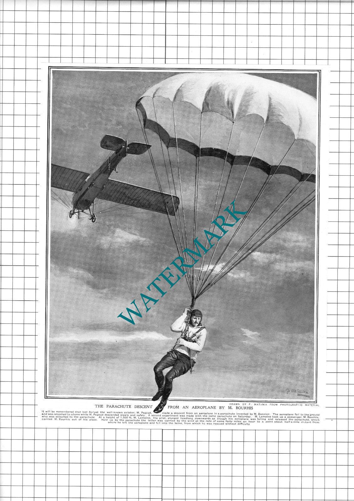 M Bourhis Parachute Descent Lemoine Pilot - 1914 Clipping  / Print