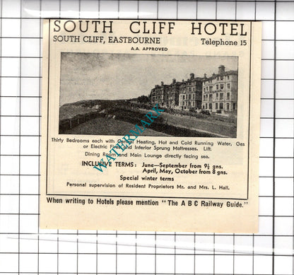 South Cliff Hotel Eastbourne L Hall / Claremont Hotel Small Advert -1958 Cutting