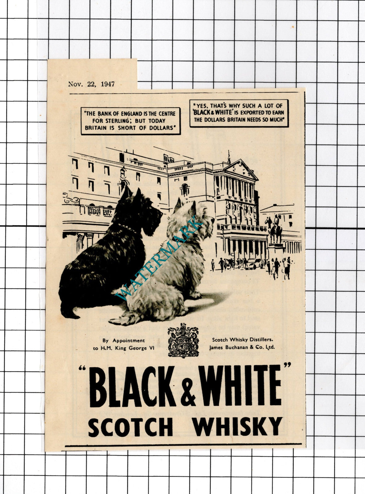Black & White Scotch Whisky Dog Bank Of England Advert - 1947 SMALL News Cutting