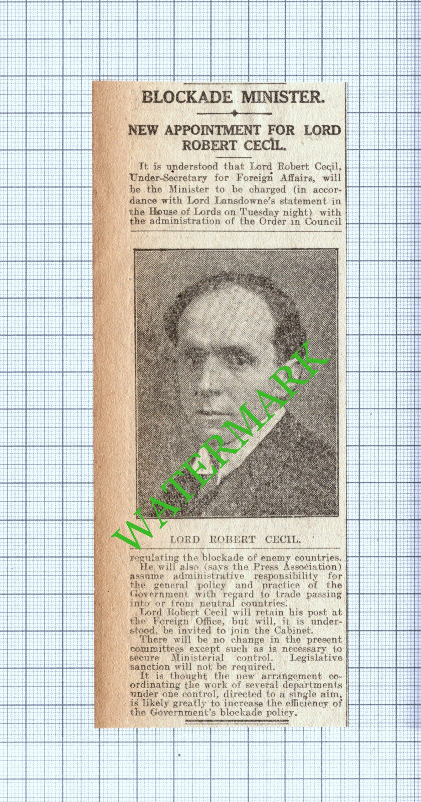 Lord Robert Cecil -   1916 News Cutting