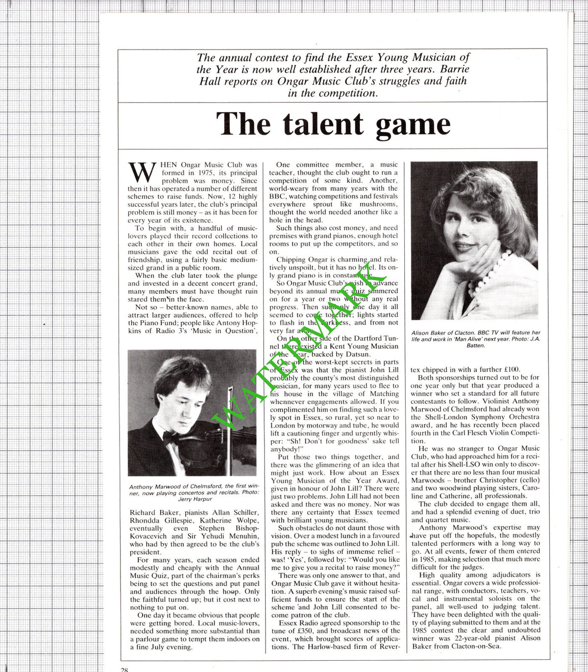 Ongar Music Club Anthony Marwood Chelmsford Essex   - 1986 Article