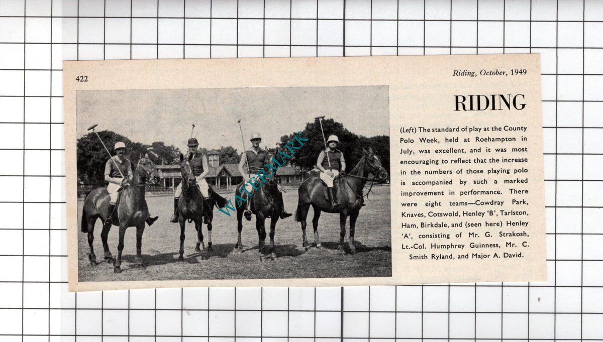 Mr G Strakosh Lt Col Humphrey Guinness Smith Ryland Polo -  1949 Small Clipping