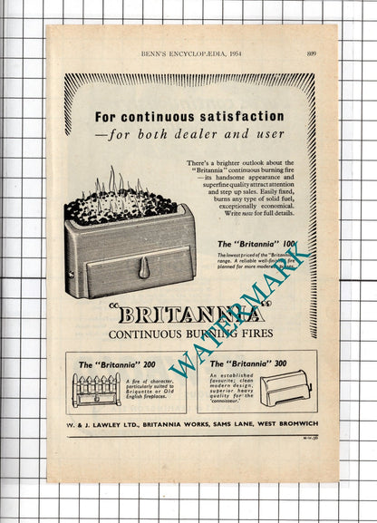 W&J Lawley Ltd West Bromwich Britannia Fires / Newbold Fire Flavels 1954 Advert