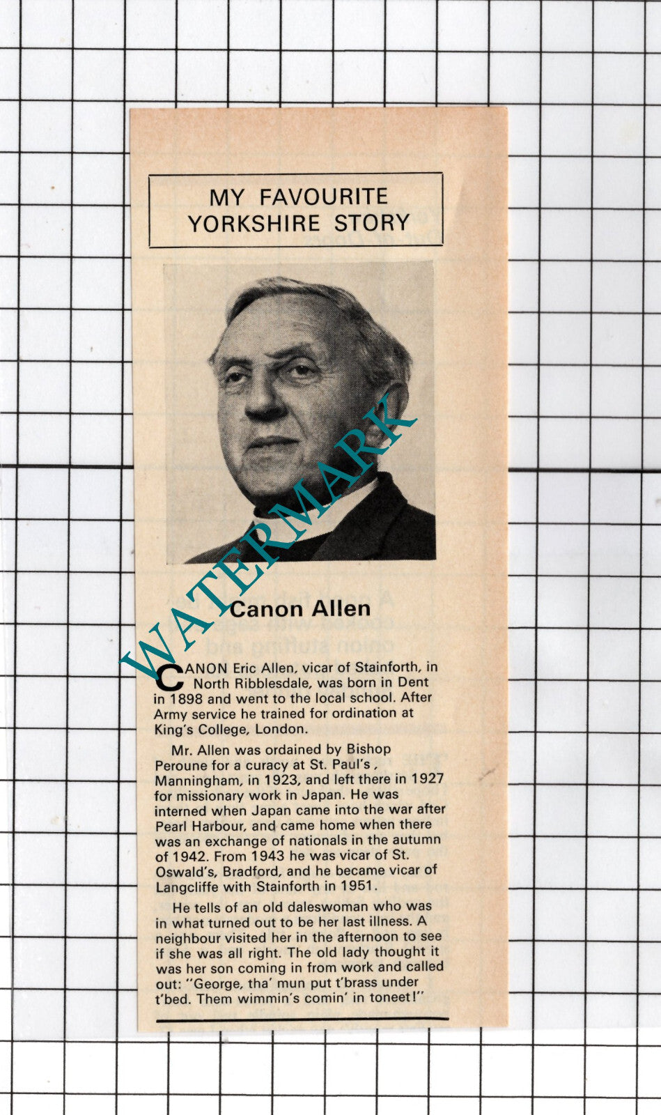 Canon Eric Allen Dent Vicar Of Stainforth Yorkshire - 1975 Small Cutting