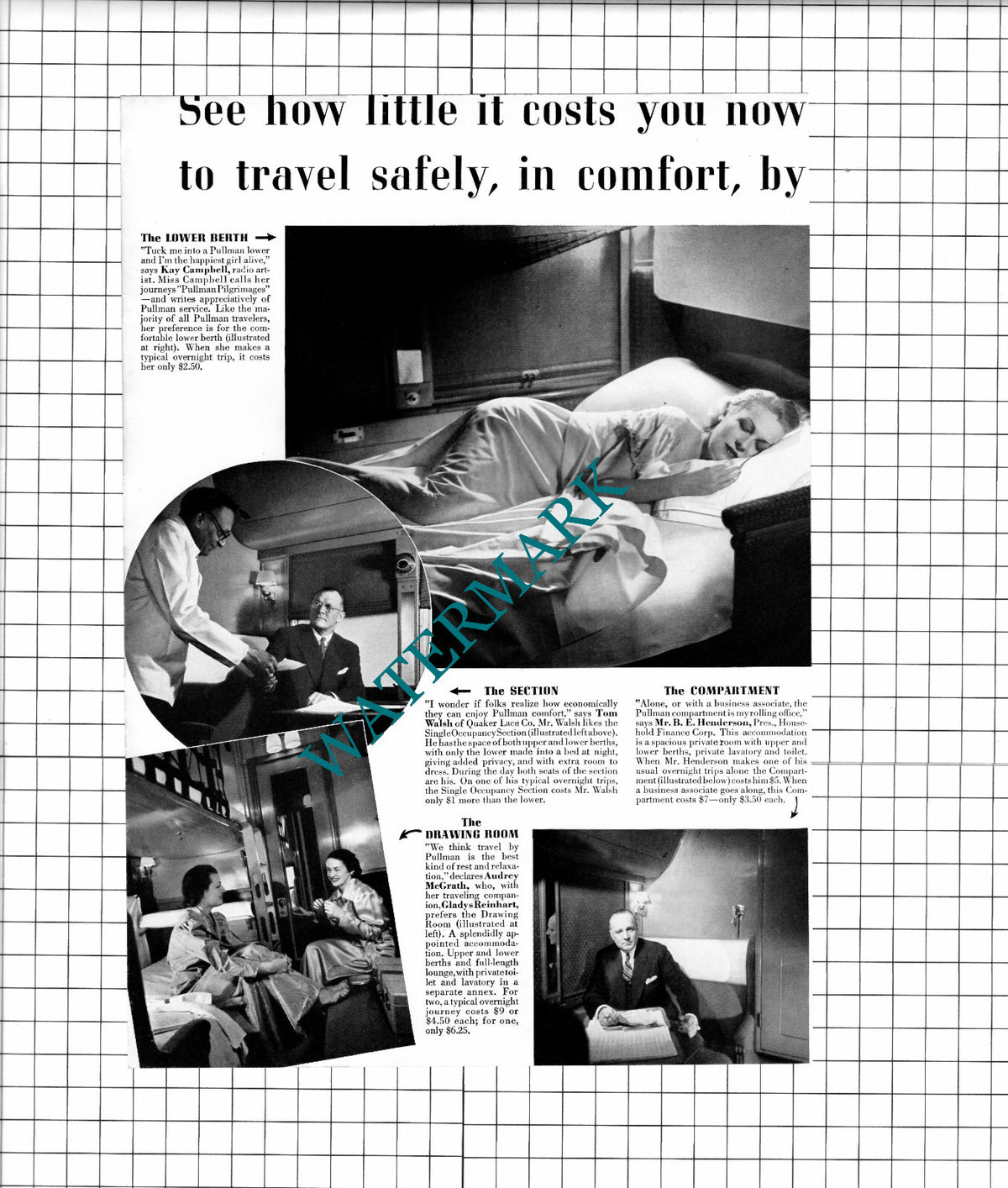 Pullman Train Kay Campbell Helen Reese  Quaker Lace  - 1937 2-Part ADVERT