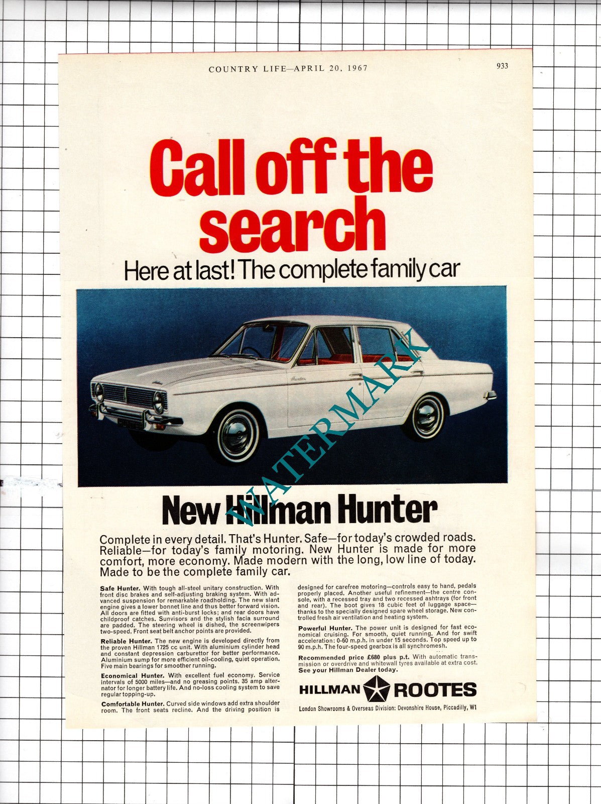 Hillman Hunter Car Advert - 1967 Advert