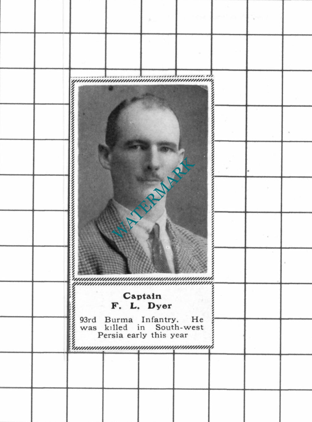 Captain F L Dyer 93rd Burma Infantry WW1 -c.1918 SMALL Clipping / Print
