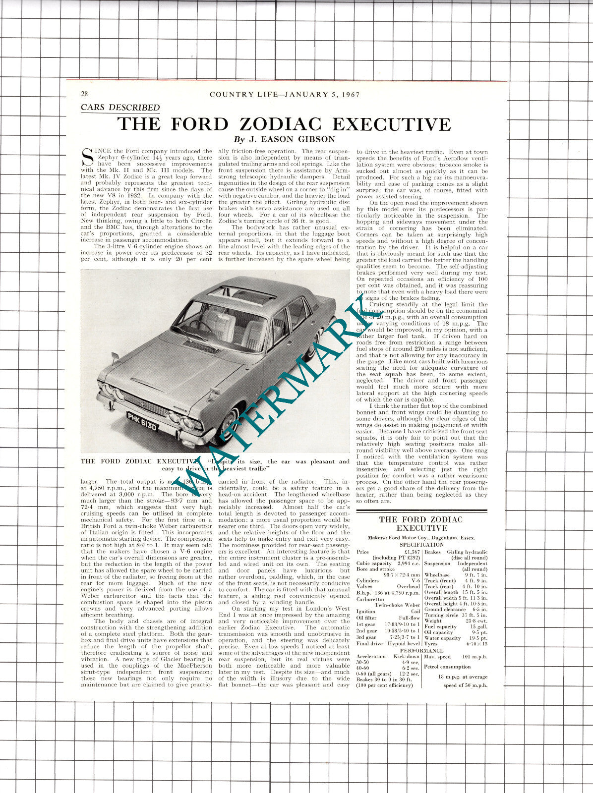 Ford Zodiac Executive Car Review -  1967 Clipping / Print