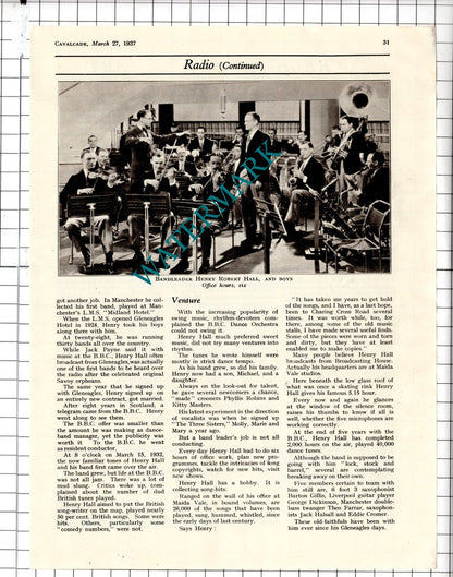 Henry Hall Bandsman Henry Robert Hall Article  - 1937  Three-Part Clipping