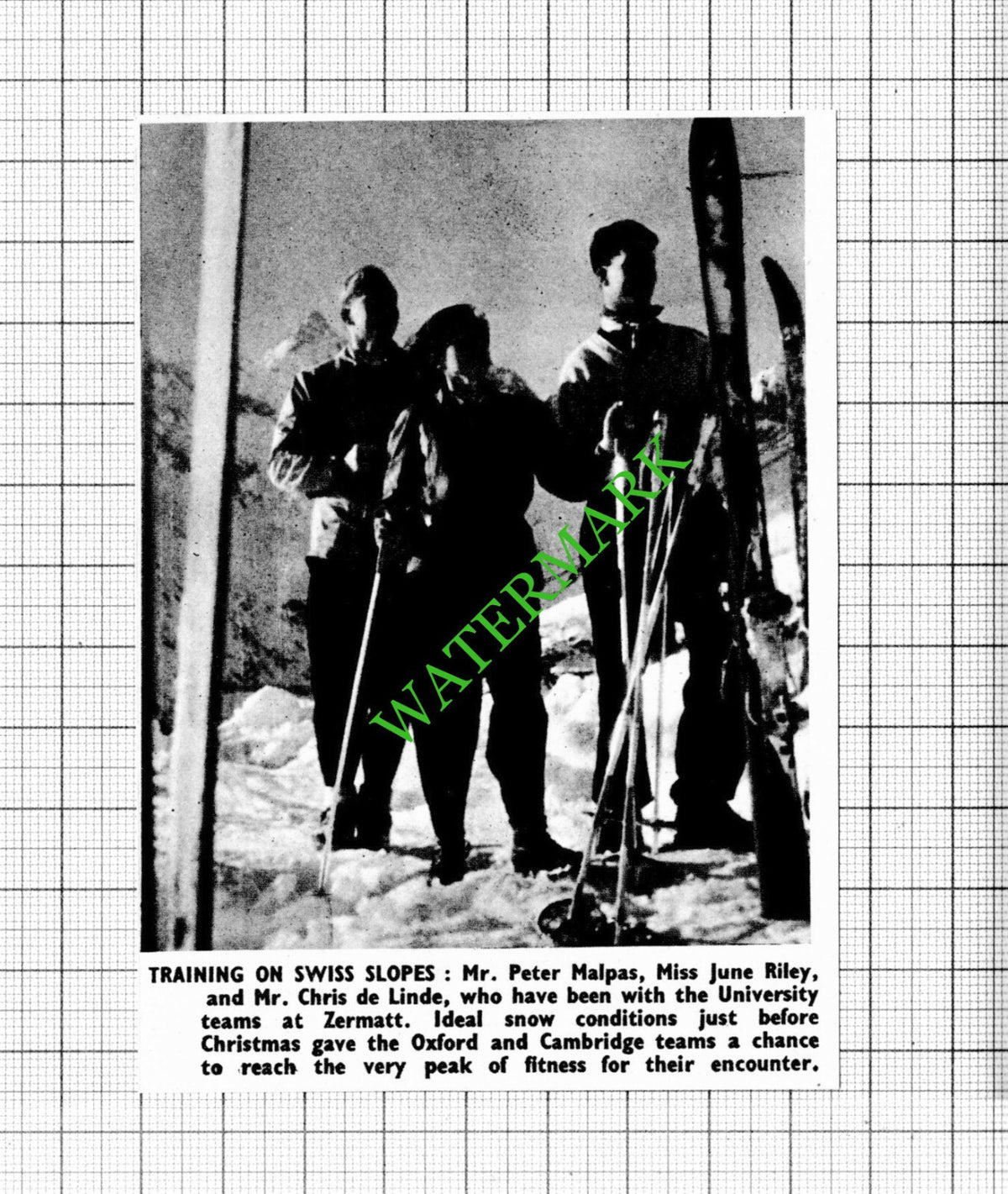 Peter Malpas June Riley Chris de Linde Skiing Zermatt  - 1951 Small Cutting