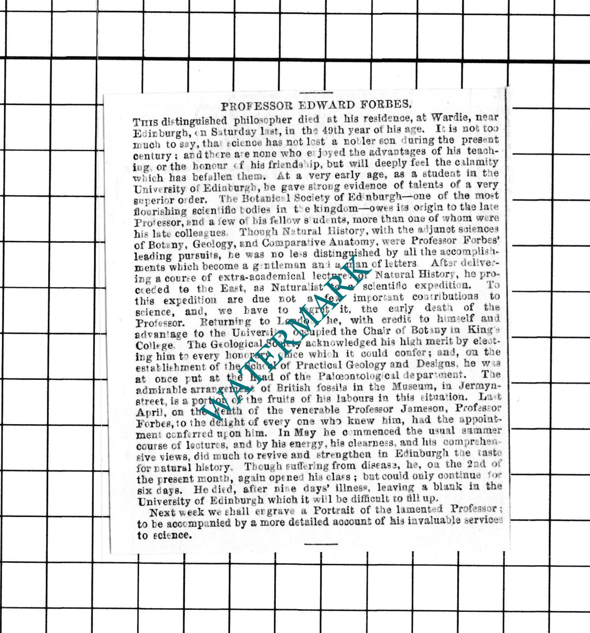 Professor Edward Forbes Wardie Edinburgh Obituary - 1854  SMALL Clipping