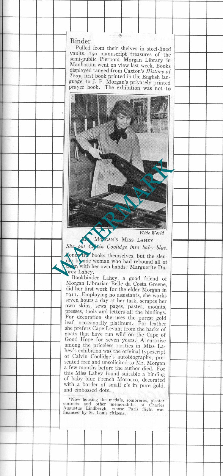 Pierpoint Morgan Library Manhatten Bookbinder Miss Lahey - 1937 Clipping