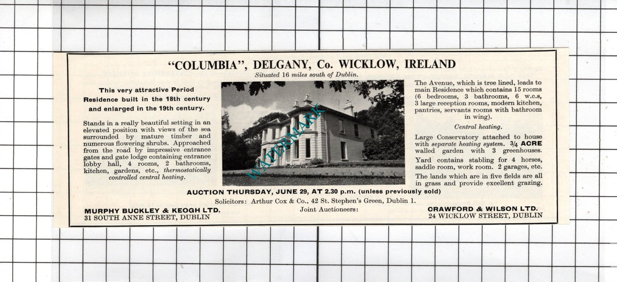 Columbia Delgany County Wicklow Ireland  -   1967 House Sale Advert