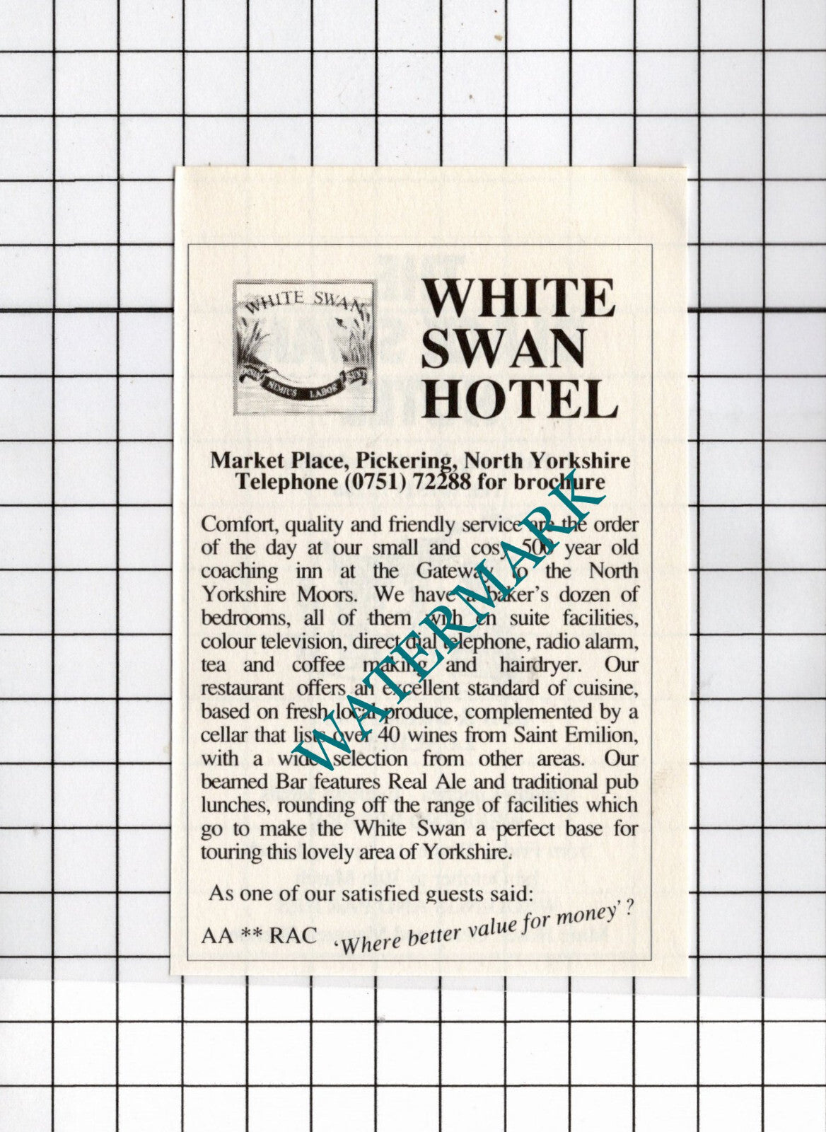 White Swan Hotel Pickering / The Black Swan Pickering Skelton  1990 Small Advert