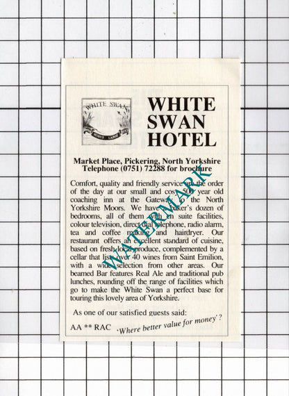 White Swan Hotel Pickering / The Black Swan Pickering Skelton  1990 Small Advert
