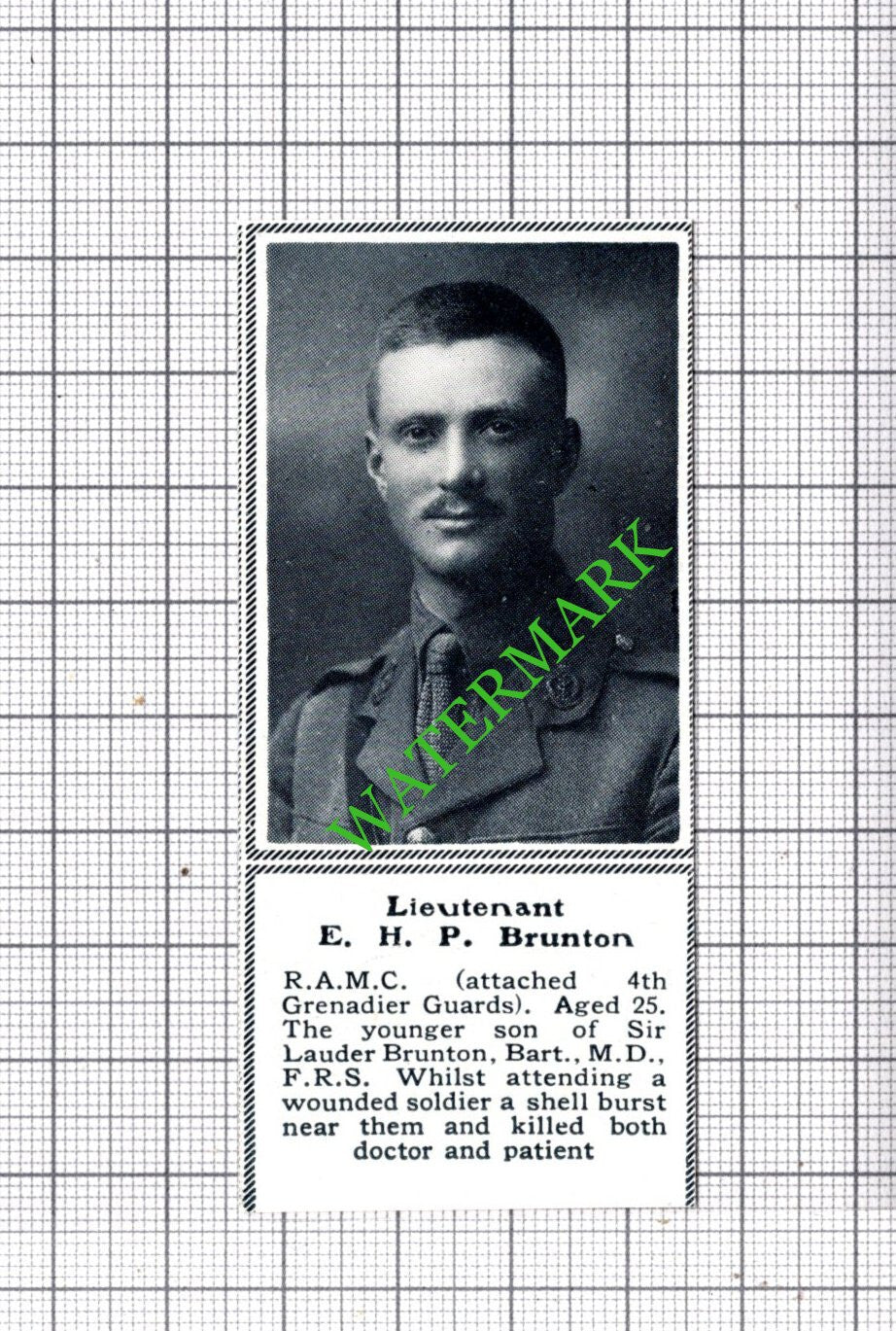 Lt EHP Brunton RAMC Sir Lauder Brunton WW1 Great War - c.1918 SMALL Cutting