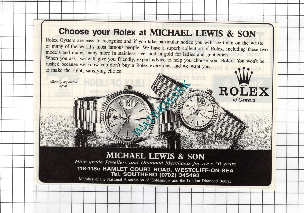 Michael Lewis & Son Rolex Watch ADVERT - 1988